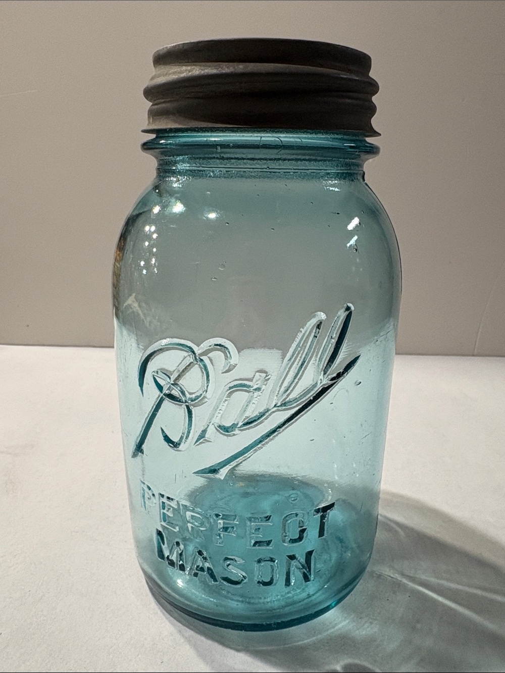 Antique Ball Perfect Mason Aqua blue Glass Jar with Zinc Metal Lid 1 quart #1